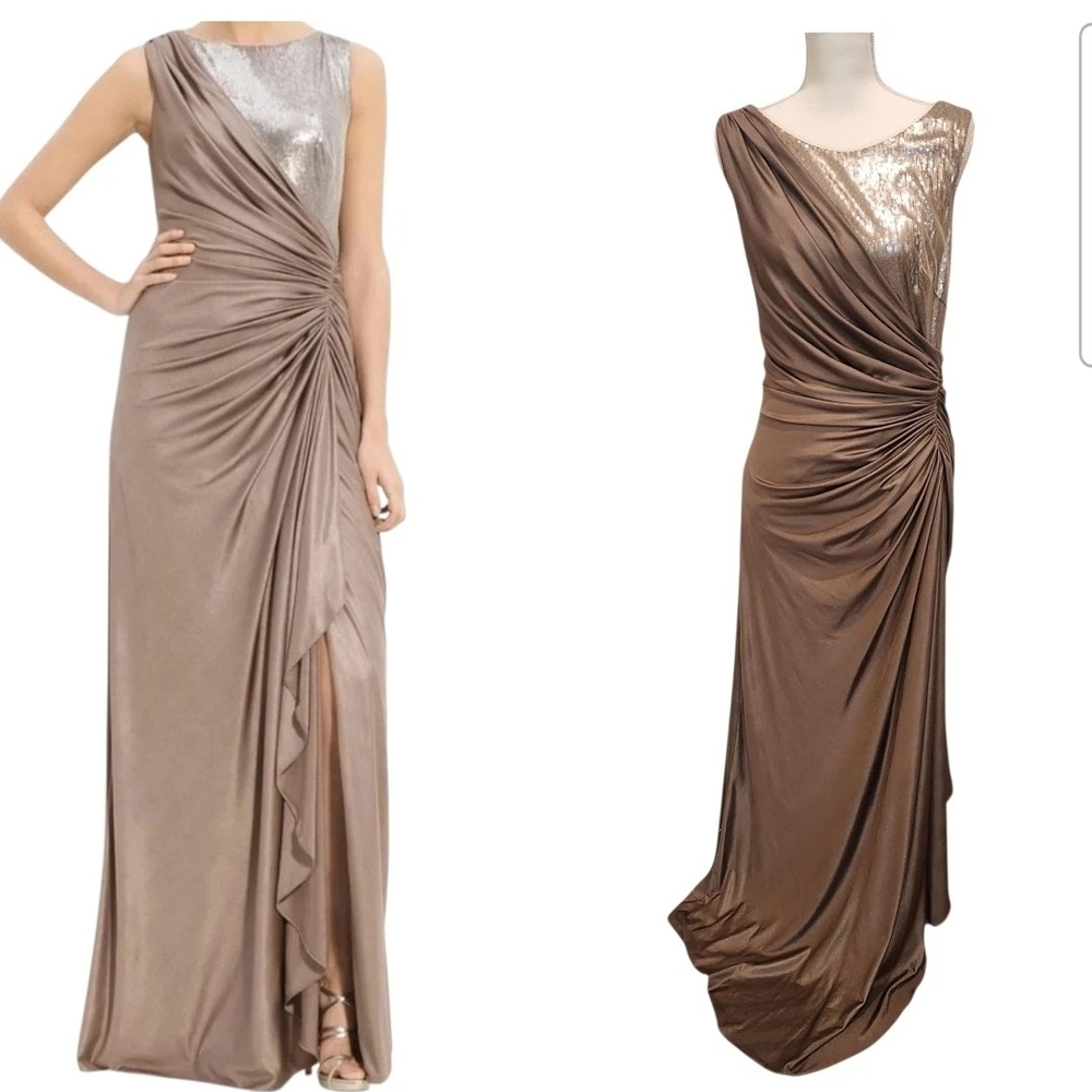 Tadashi Shoji Women's Medium Sleeveless Sequin Bodice Draped Side Ruched Dress